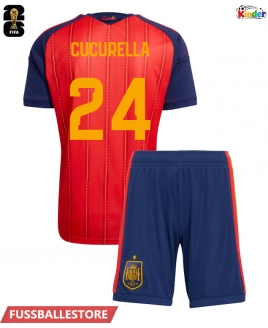 Günstige Spanien Marc Cucurella #24 Heimtrikotsatz Kinder WM 2026 Kurzarm (+ Kurze Hosen)